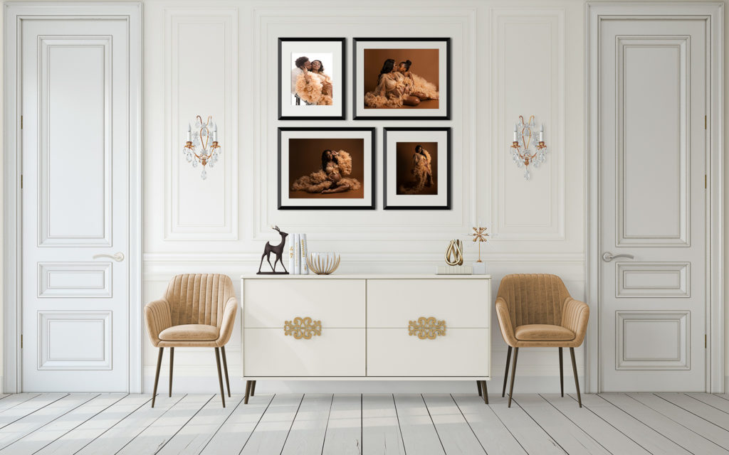 hallway with chairs and photo frames on the wall. The power of family photos Nelly Hernandez Photography